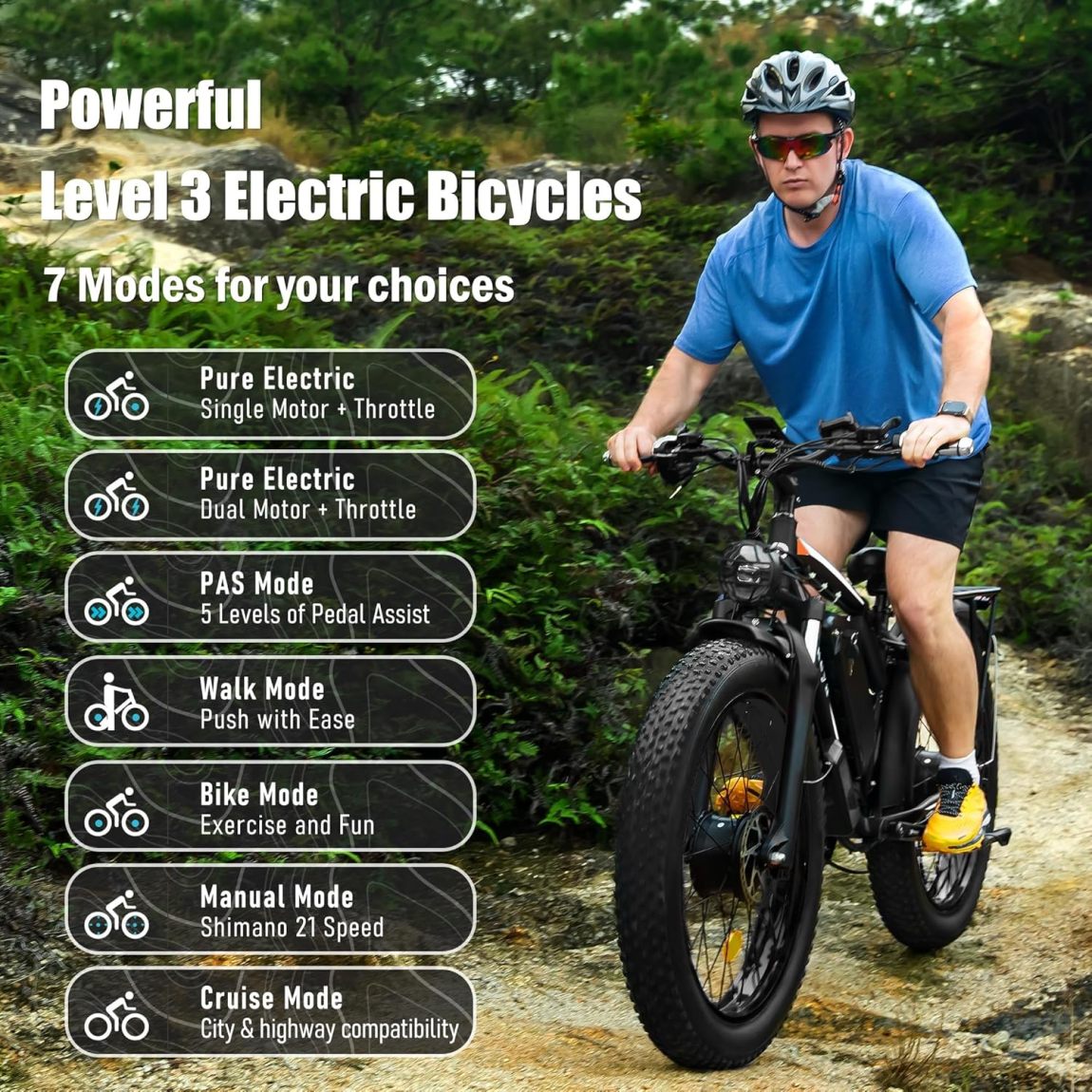 Dakeya Dual Motor Ebike,52V 23AH Battery Electric Bike for Adults AWD 2000W Peak 3600W,21-Speed 37MPH Mountain Snow Ebike with Removable,26 x 4.0 Fat Tire E-Bike with Cycling Pannier Bag