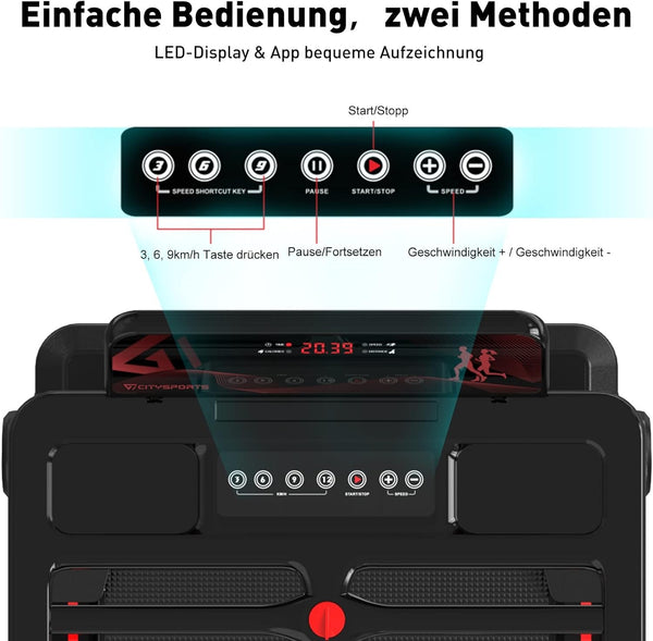 CITYSPORTS Elektrische Loopband, Opvouwbare Loopband voor Thuis tot 12 km/u, met LED Display, APP en 360° Tablet Houder, Compacte Wandelband voor Thuis en Kantoor