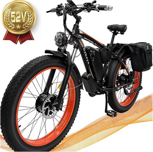 Dakeya Dual Motor Ebike,52V 23AH Battery Electric Bike for Adults AWD 2000W Peak 3600W,21-Speed 37MPH Mountain Snow Ebike with Removable,26 x 4.0 Fat Tire E-Bike with Cycling Pannier Bag