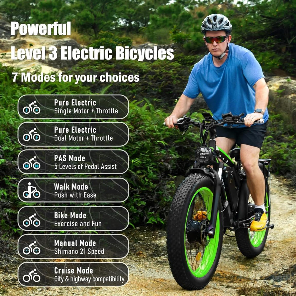 Dakeya Dual Motor Ebike,52V 23AH Battery Electric Bike for Adults AWD 2000W Peak 3600W,21-Speed 37MPH Mountain Snow Ebike with Removable,26 x 4.0 Fat Tire E-Bike with Cycling Pannier Bag