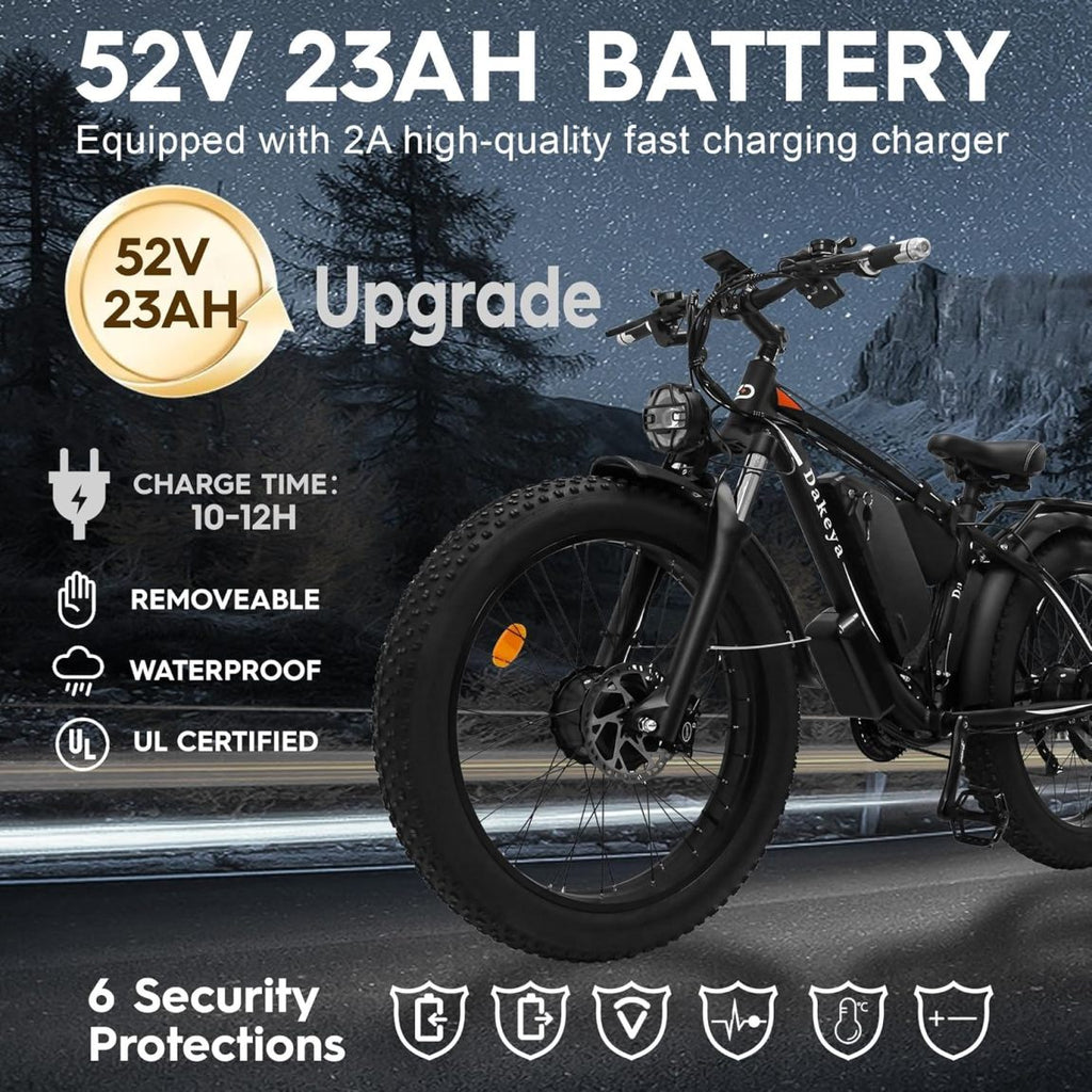 Dakeya Dual Motor Ebike,52V 23AH Battery Electric Bike for Adults AWD 2000W Peak 3600W,21-Speed 37MPH Mountain Snow Ebike with Removable,26 x 4.0 Fat Tire E-Bike with Cycling Pannier Bag