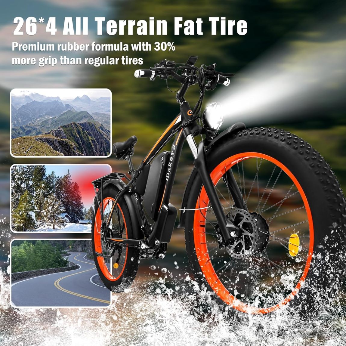 Dakeya Dual Motor Ebike,52V 23AH Battery Electric Bike for Adults AWD 2000W Peak 3600W,21-Speed 37MPH Mountain Snow Ebike with Removable,26 x 4.0 Fat Tire E-Bike with Cycling Pannier Bag