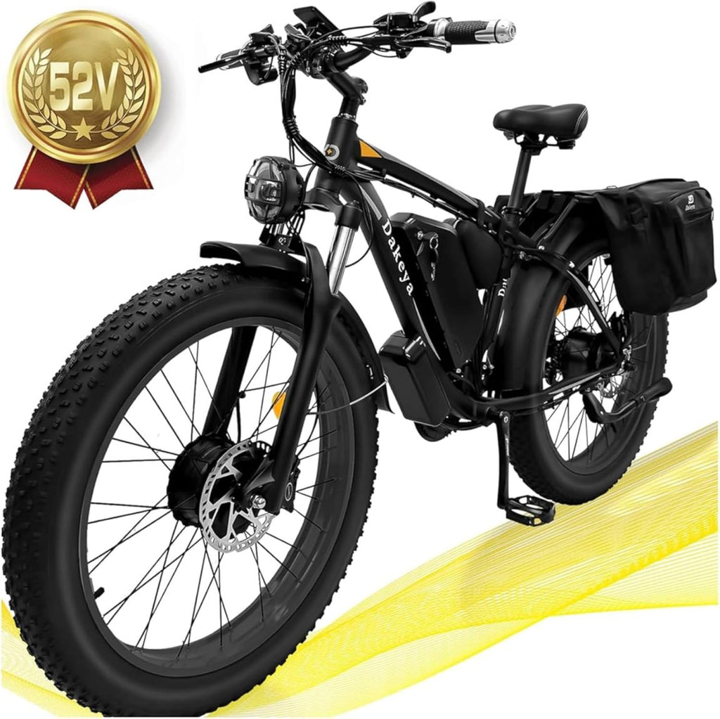 Dakeya Dual Motor Ebike,52V 23AH Battery Electric Bike for Adults AWD 2000W Peak 3600W,21-Speed 37MPH Mountain Snow Ebike with Removable,26 x 4.0 Fat Tire E-Bike with Cycling Pannier Bag