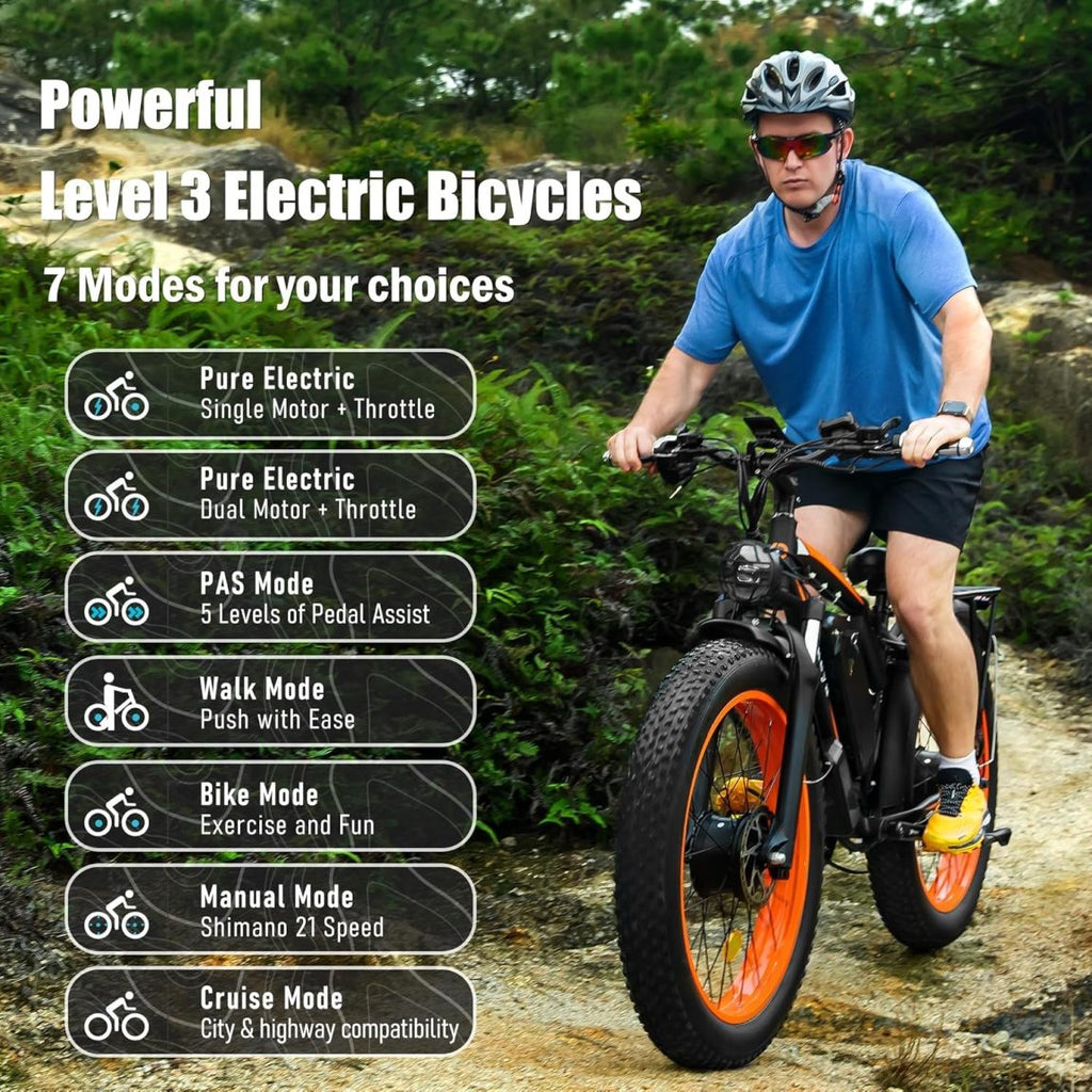 Dakeya Dual Motor Ebike,52V 23AH Battery Electric Bike for Adults AWD 2000W Peak 3600W,21-Speed 37MPH Mountain Snow Ebike with Removable,26 x 4.0 Fat Tire E-Bike with Cycling Pannier Bag