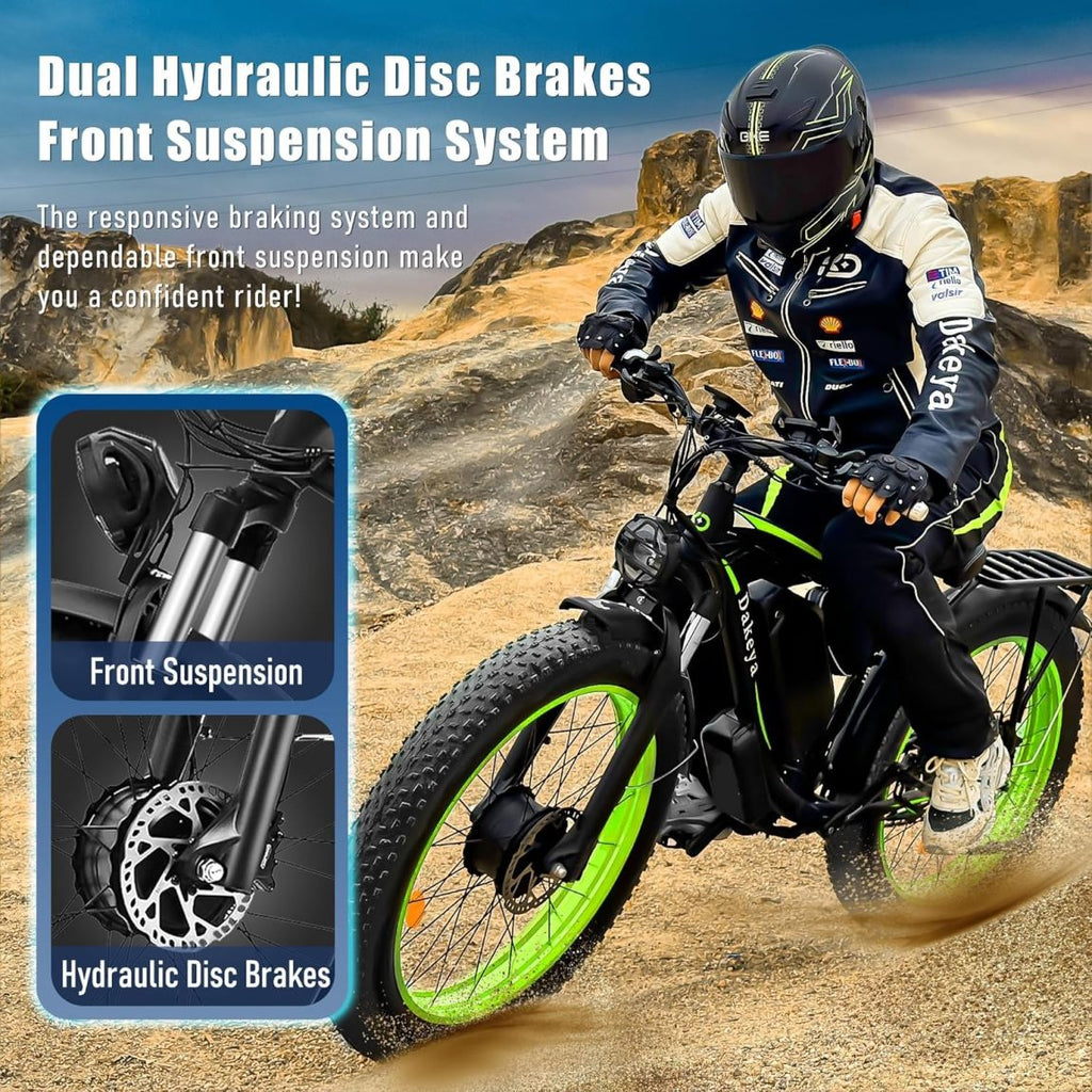 Dakeya Dual Motor Ebike,52V 23AH Battery Electric Bike for Adults AWD 2000W Peak 3600W,21-Speed 37MPH Mountain Snow Ebike with Removable,26 x 4.0 Fat Tire E-Bike with Cycling Pannier Bag