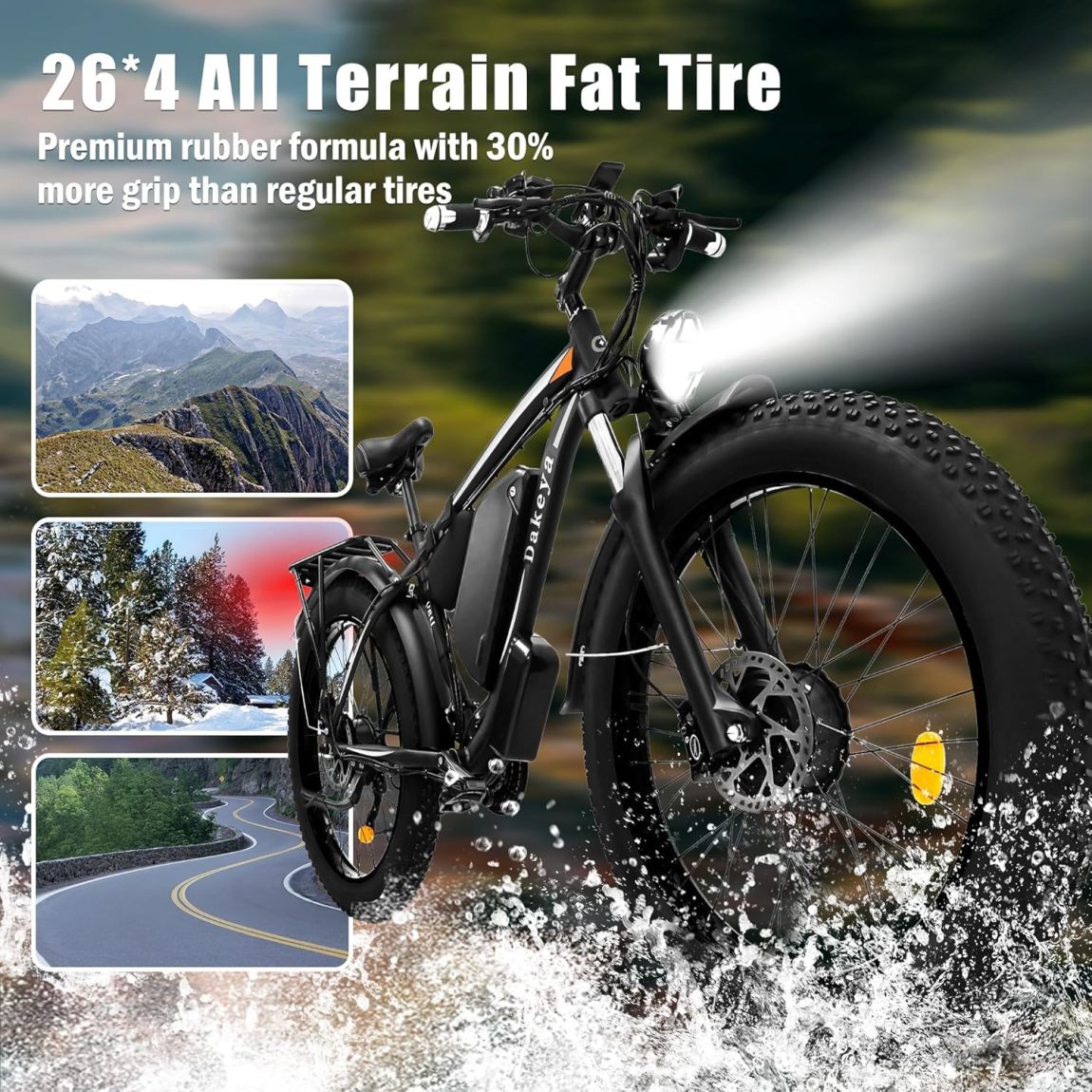 Dakeya Dual Motor Ebike,52V 23AH Battery Electric Bike for Adults AWD 2000W Peak 3600W,21-Speed 37MPH Mountain Snow Ebike with Removable,26 x 4.0 Fat Tire E-Bike with Cycling Pannier Bag