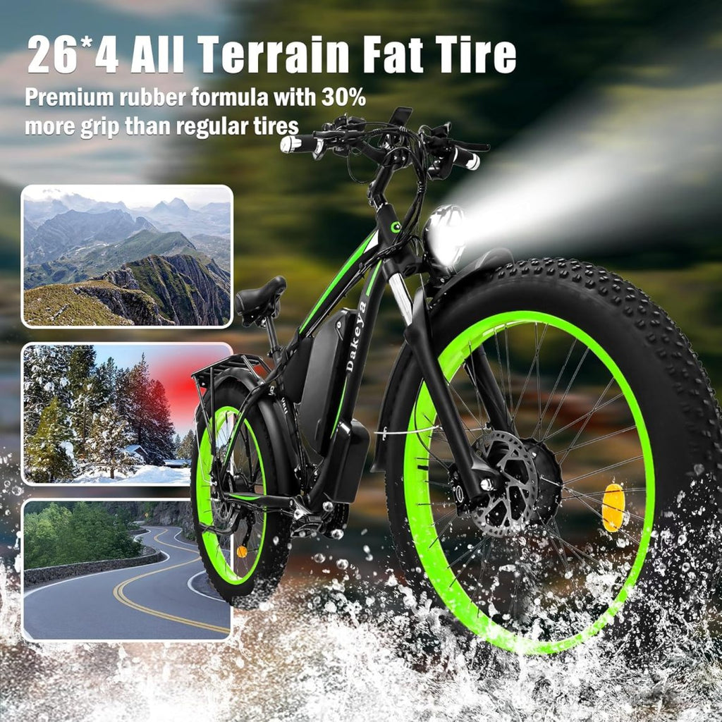 Dakeya Dual Motor Ebike,52V 23AH Battery Electric Bike for Adults AWD 2000W Peak 3600W,21-Speed 37MPH Mountain Snow Ebike with Removable,26 x 4.0 Fat Tire E-Bike with Cycling Pannier Bag