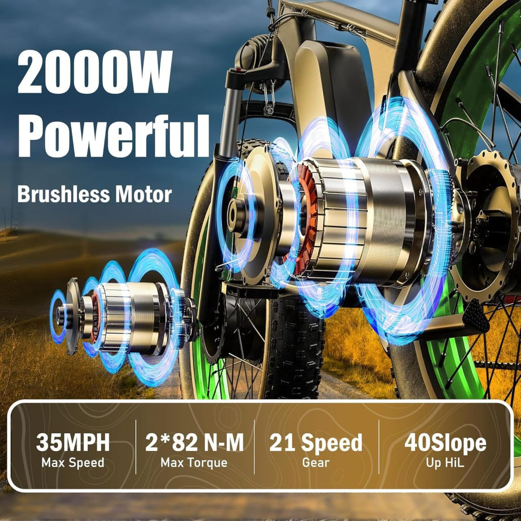 Dakeya Dual Motor Ebike,52V 23AH Battery Electric Bike for Adults AWD 2000W Peak 3600W,21-Speed 37MPH Mountain Snow Ebike with Removable,26 x 4.0 Fat Tire E-Bike with Cycling Pannier Bag